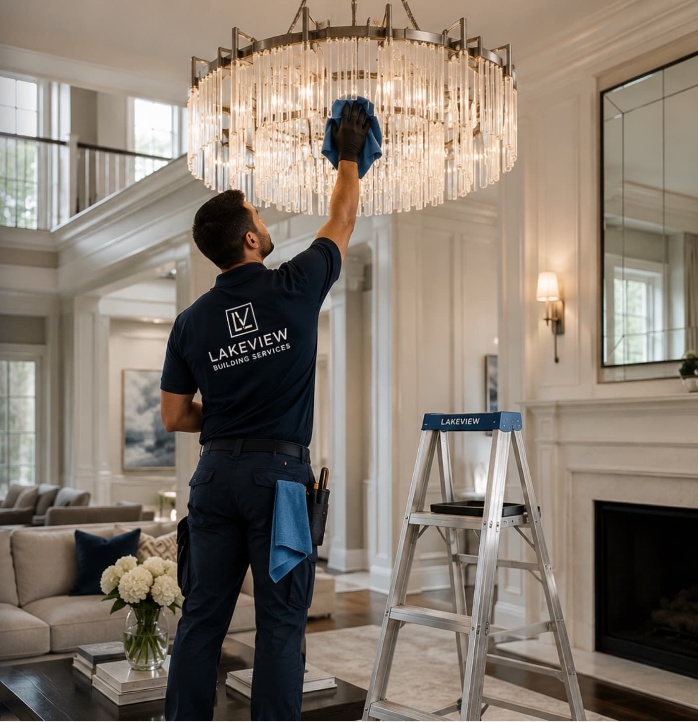 Lakeview technician hand-cleaning a crystal chandelier