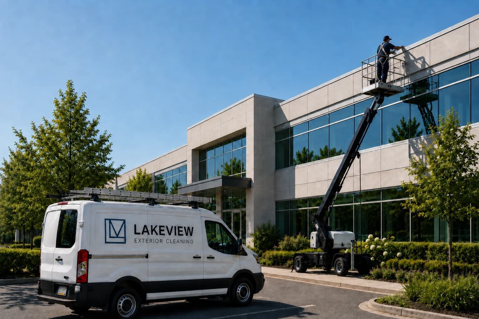 A harnessed Lakeview technician working the roofline of a commercial office building from a boom lift, branded van in the foreground