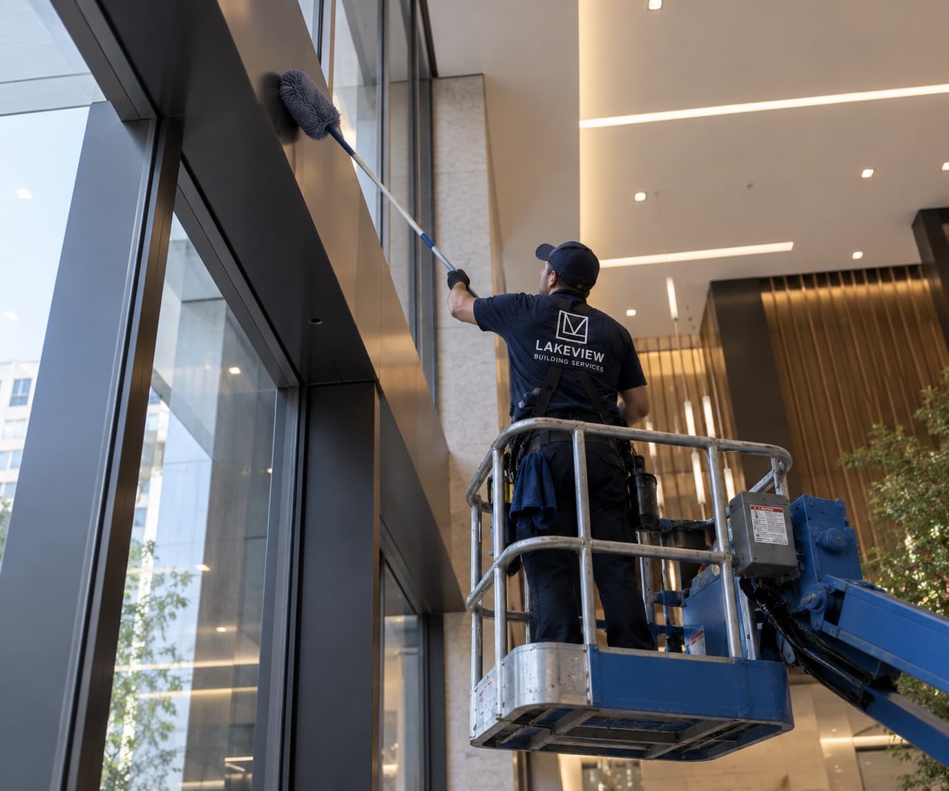 Lakeview technician dusting high interior surfaces from an aerial lift