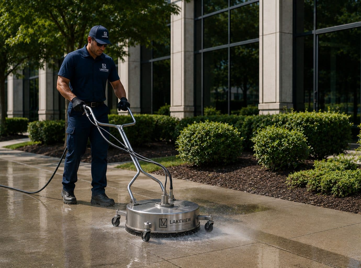 Lakeview technician pressure washing a commercial office sidewalk