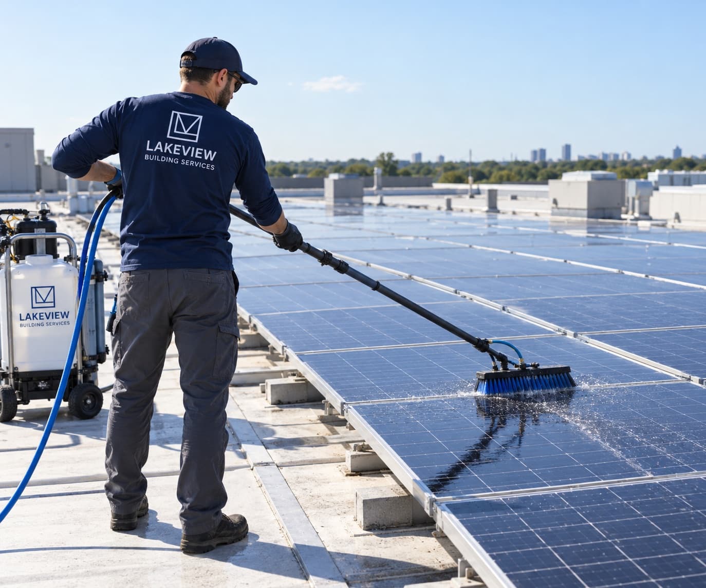 Lakeview technician cleaning a commercial rooftop solar array with a water-fed brush