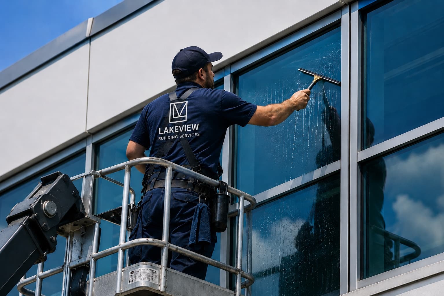 Lakeview technician cleaning commercial windows from an aerial lift