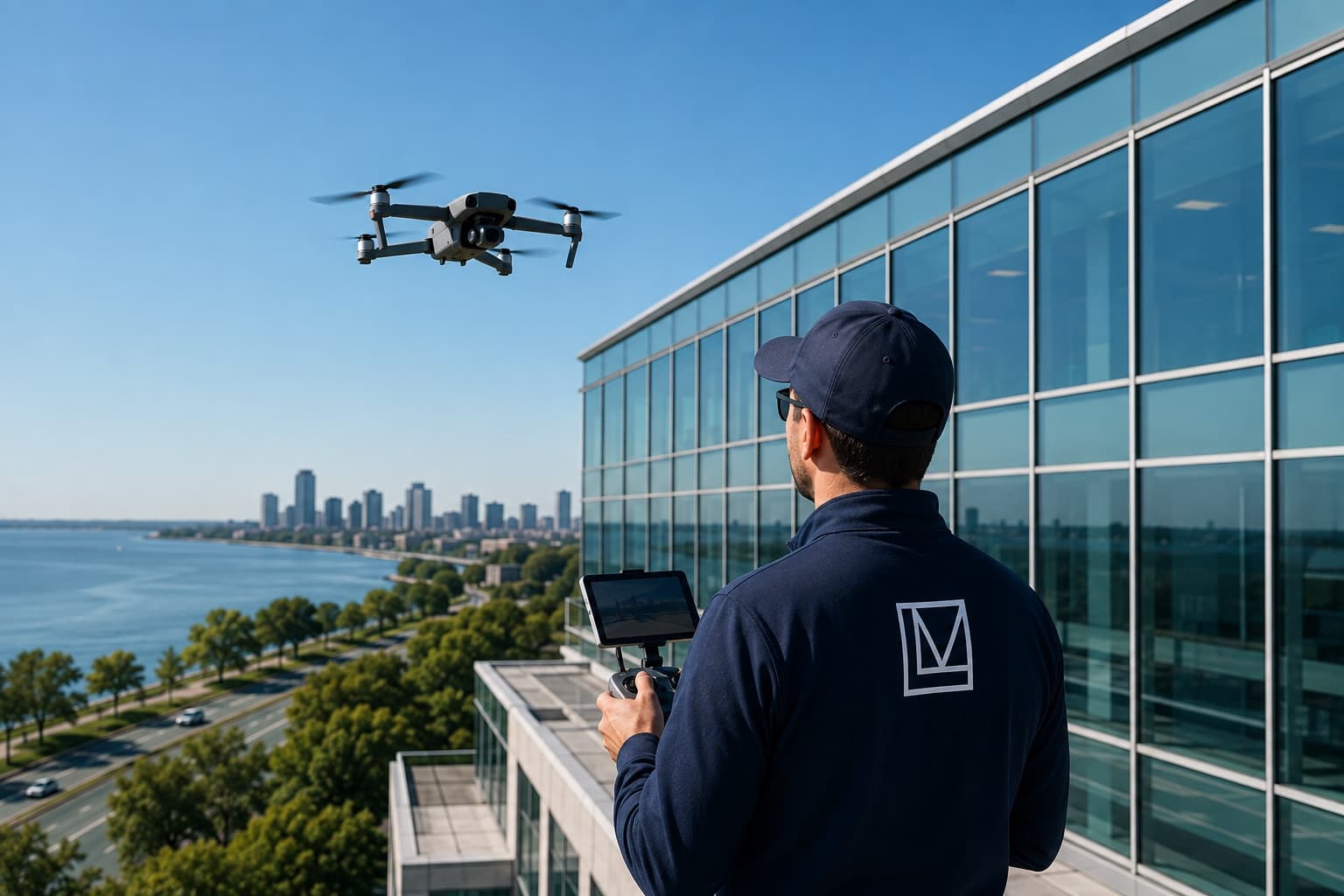 A Lakeview technician on a rooftop flying an inspection drone beside a glass office tower, waterfront city skyline behind