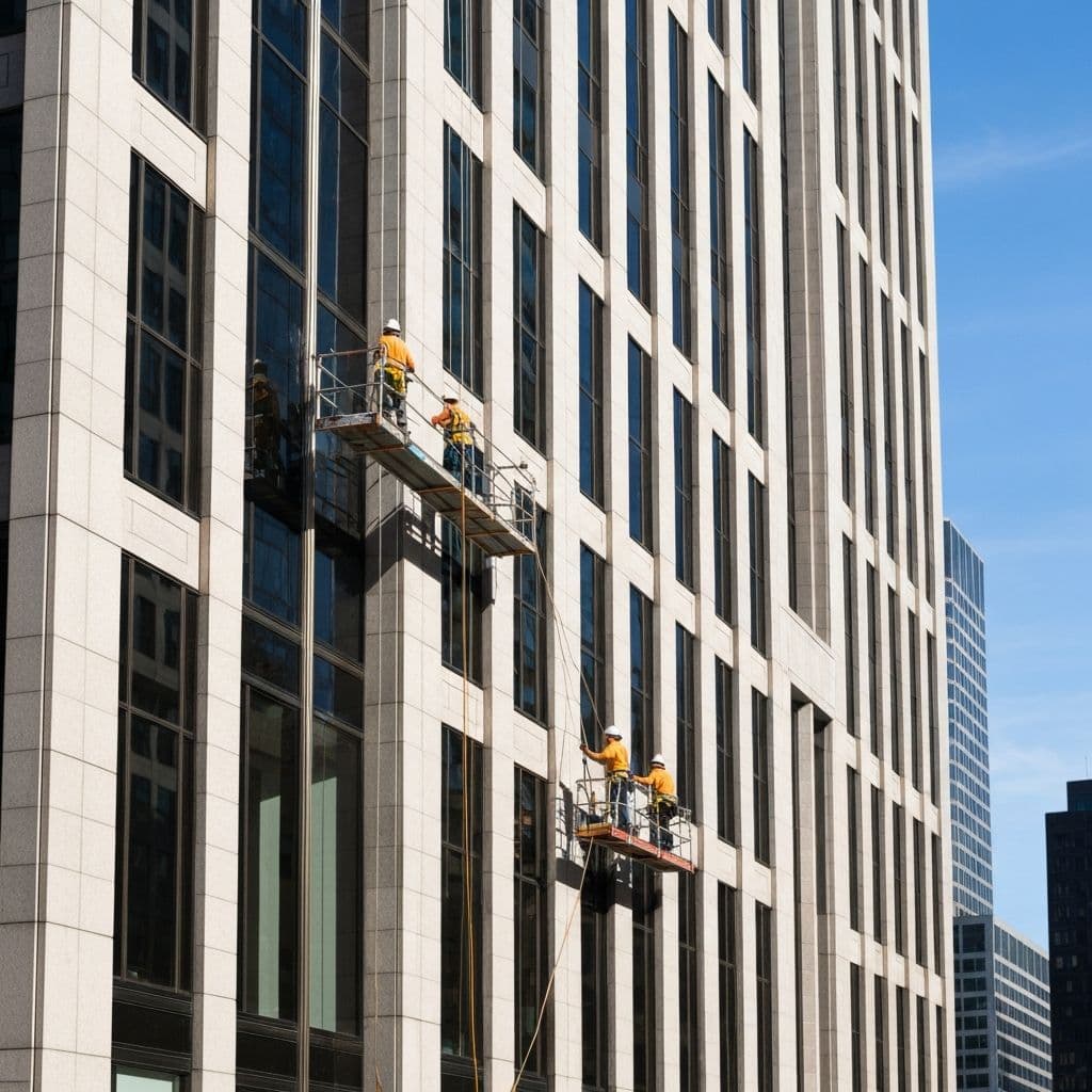 Crews washing a stone building facade from suspended platforms