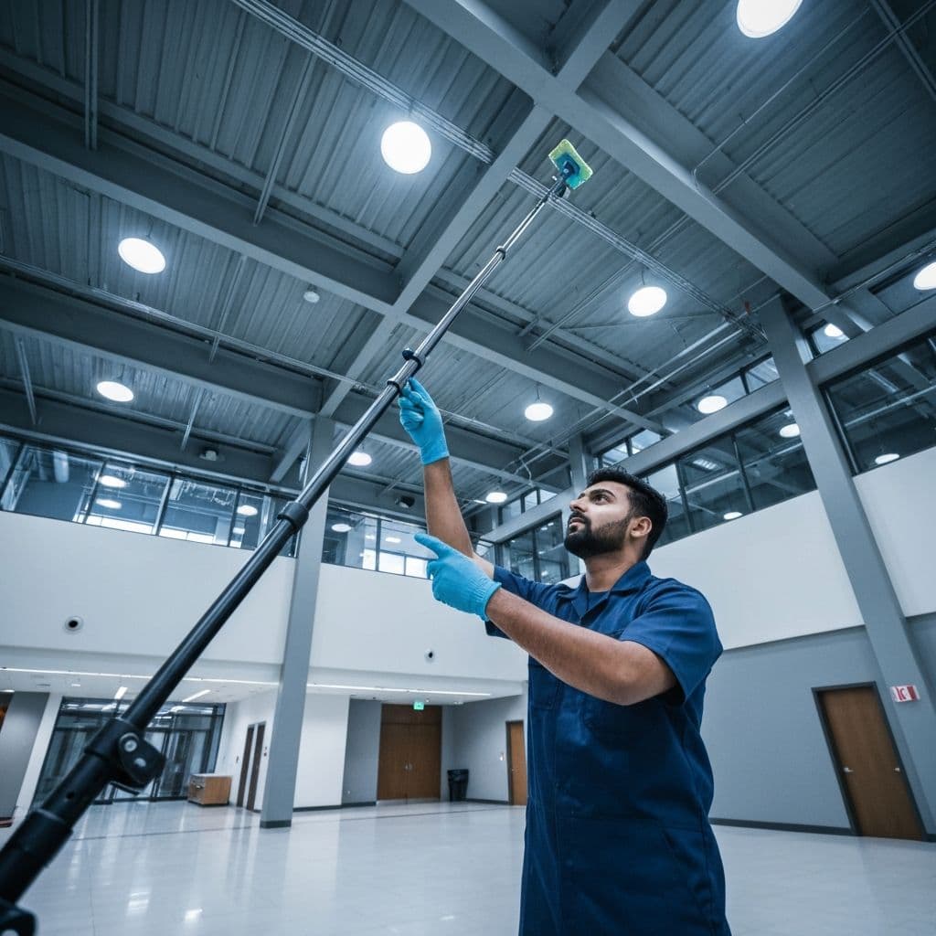 Professional high-reach dusting in commercial space
