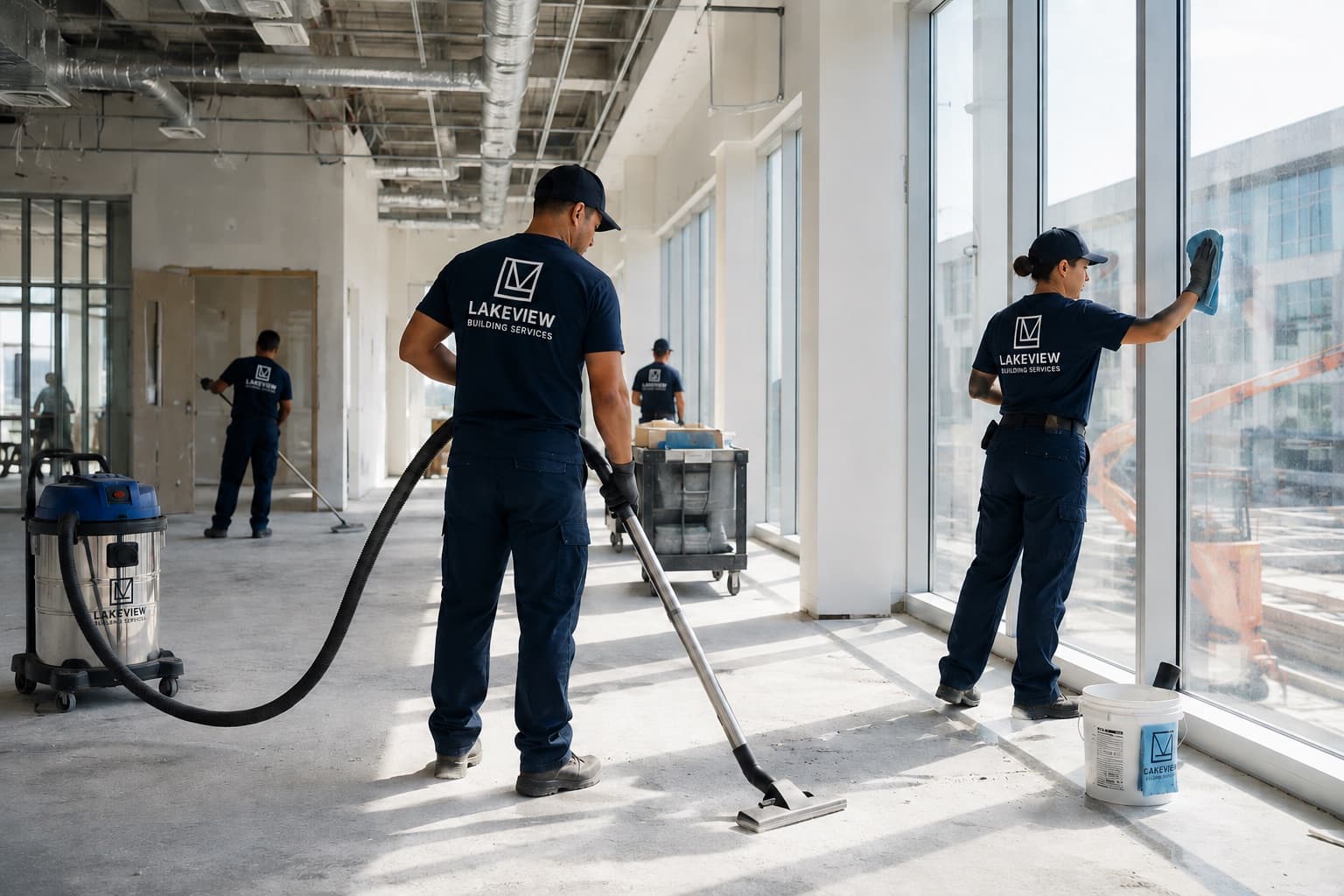 Lakeview crew performing post-construction cleaning inside a commercial building