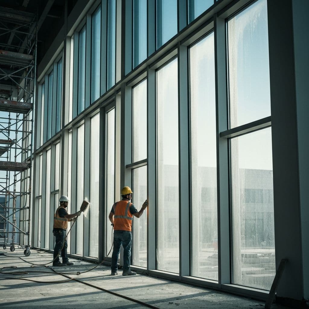 Post-construction window cleaning on a modern building