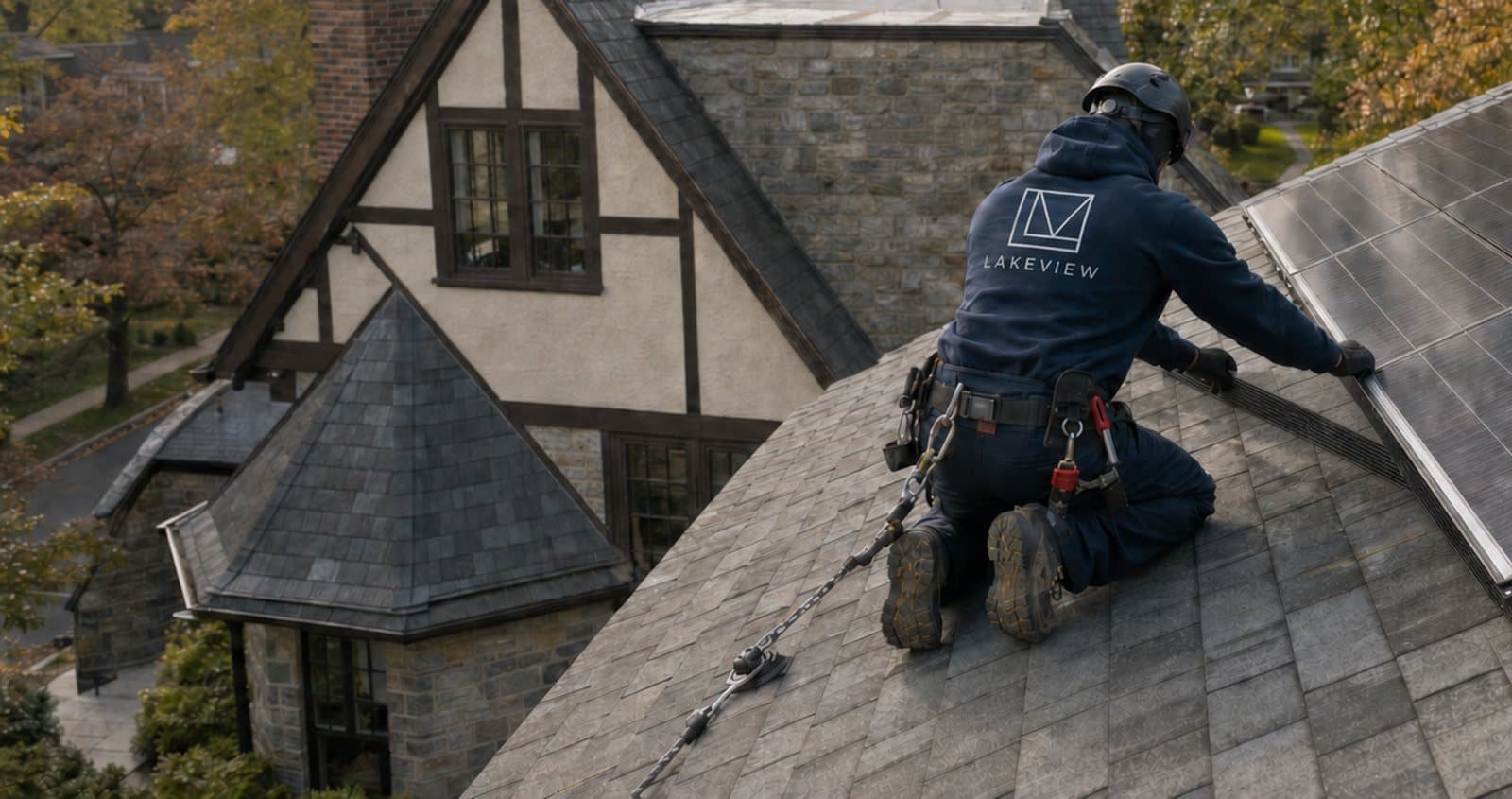 A harnessed Lakeview technician working along a steep roofline