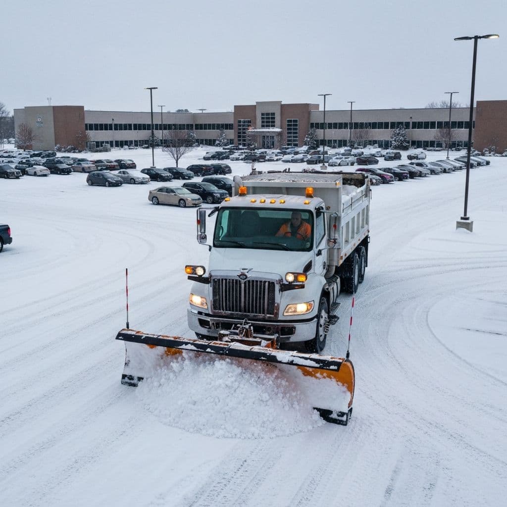 Commercial snow removal truck clearing parking lot